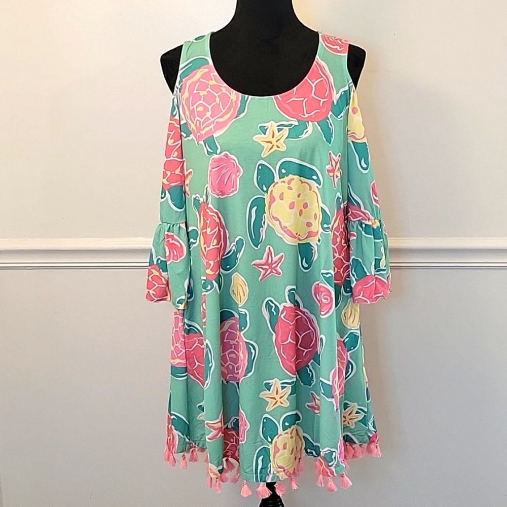 Simply Southern Topsail Mini Dress Green And Pink‎ Womens Small